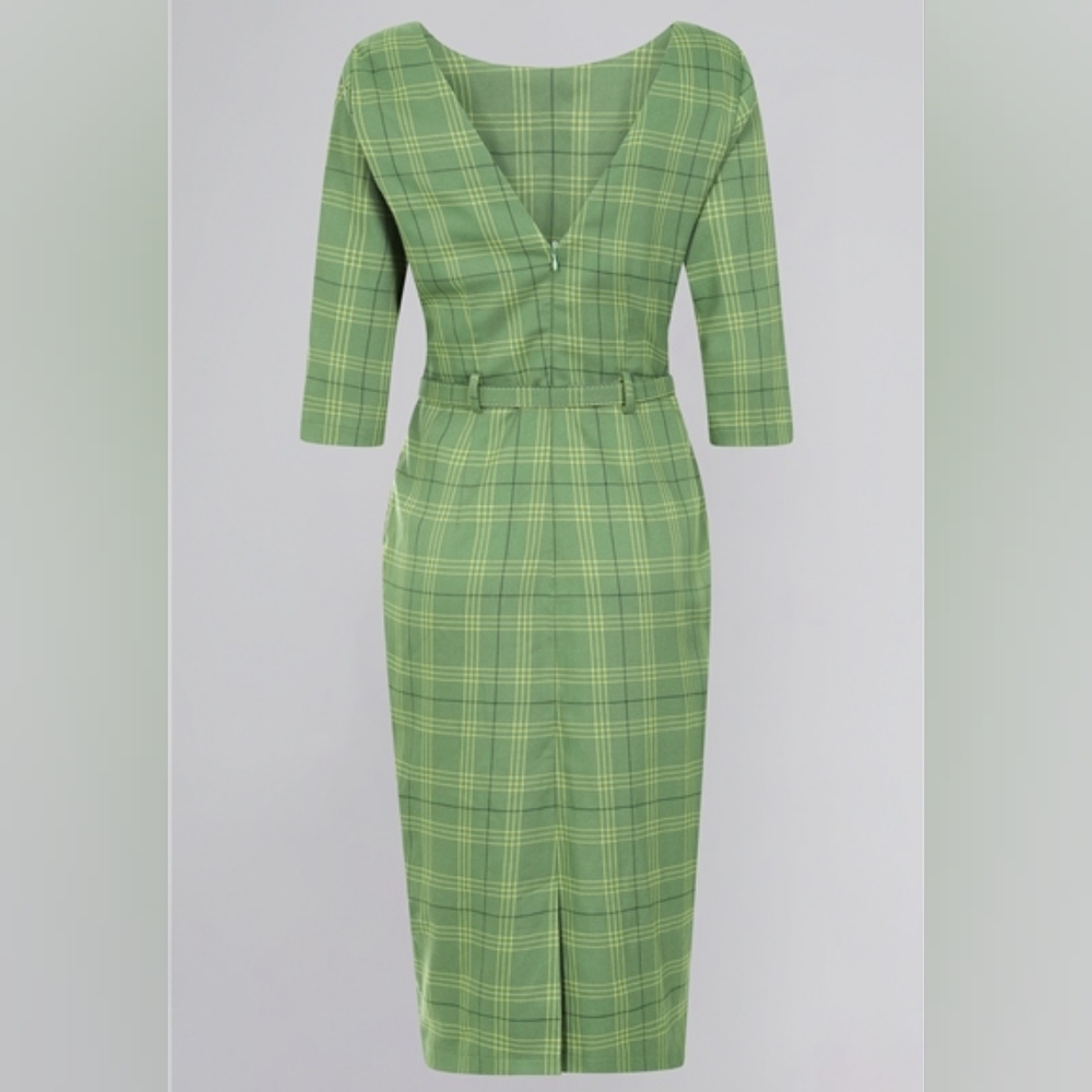 NWOT Collectif Adaline Leaf Check Green Plaid Fitted Wiggle Dress - Picture 2 of 15